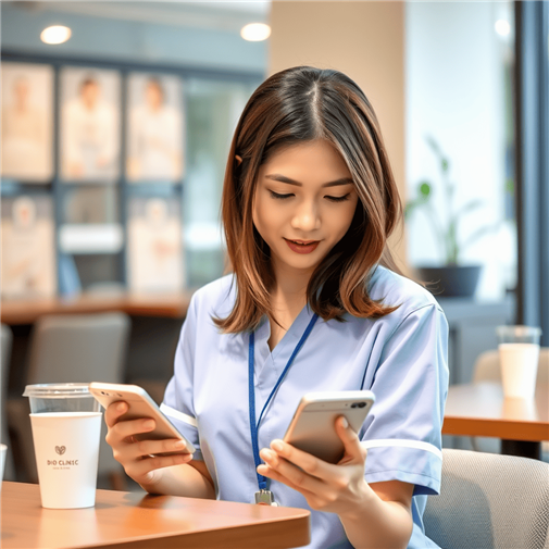 カフェで休憩中にdioクリニック看護師の口コミを読む病棟看護師